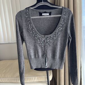 Y2K Guess Bead Sequin Button Front Scoop Neck Gray Crop Cardigan Long Sleeves M